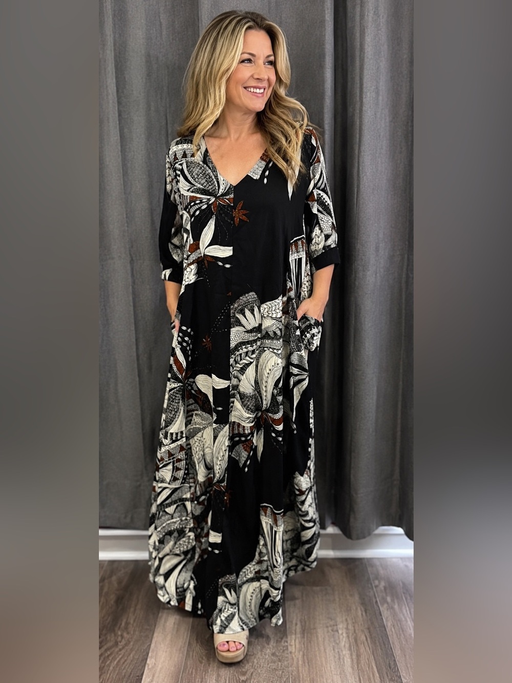Bryn Walker Liliana V-Neck Floral Maxi Dress “Ready for Lisbon” Black White XL